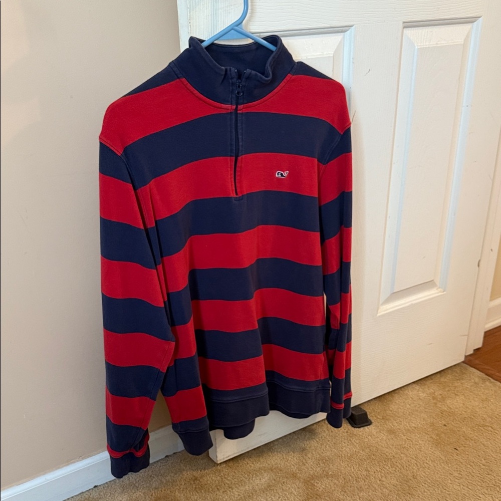 Vineyard Vines Men's Red and Blue Striped Sweater / Quarter Zip